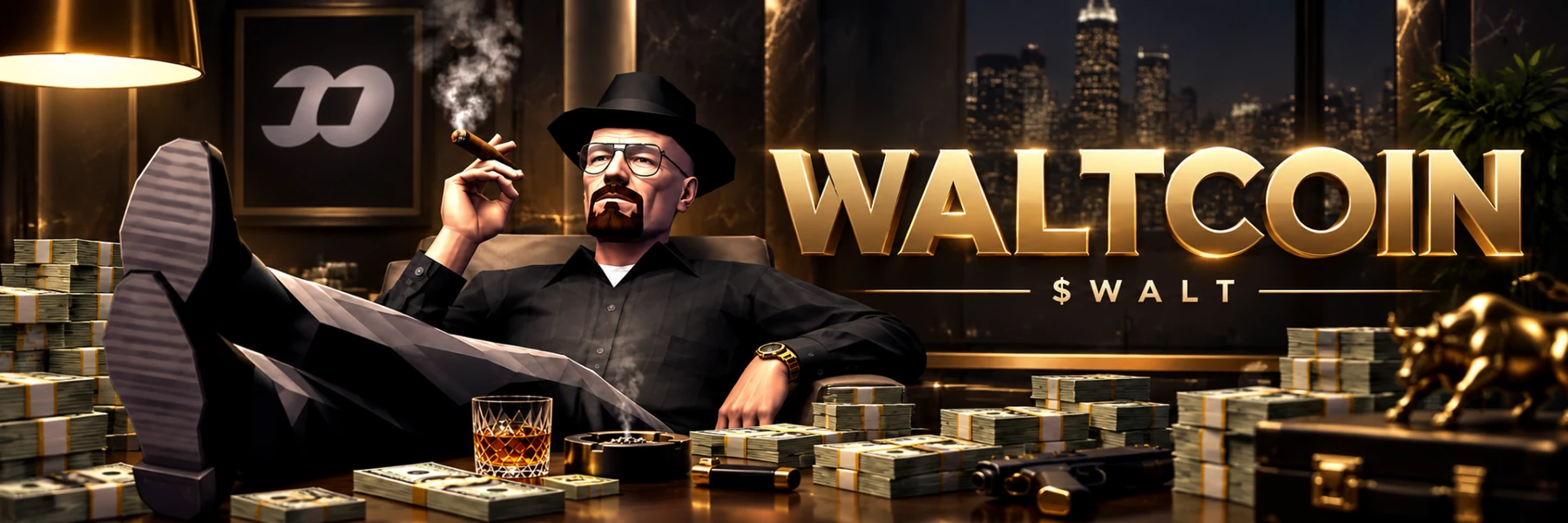 WALTCOIN artwork with a suited man, cash, city lights and gold styling
