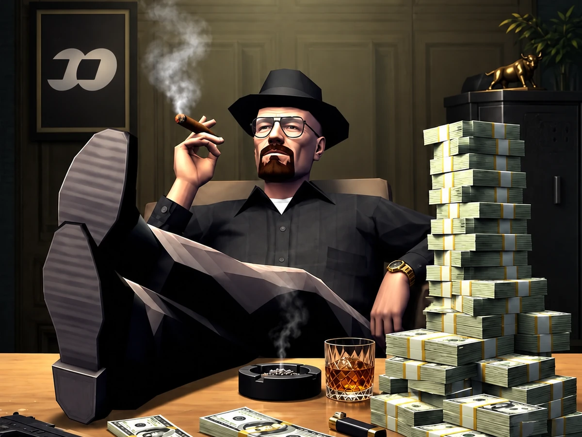Stylized suited man with cigar and stacks of cash