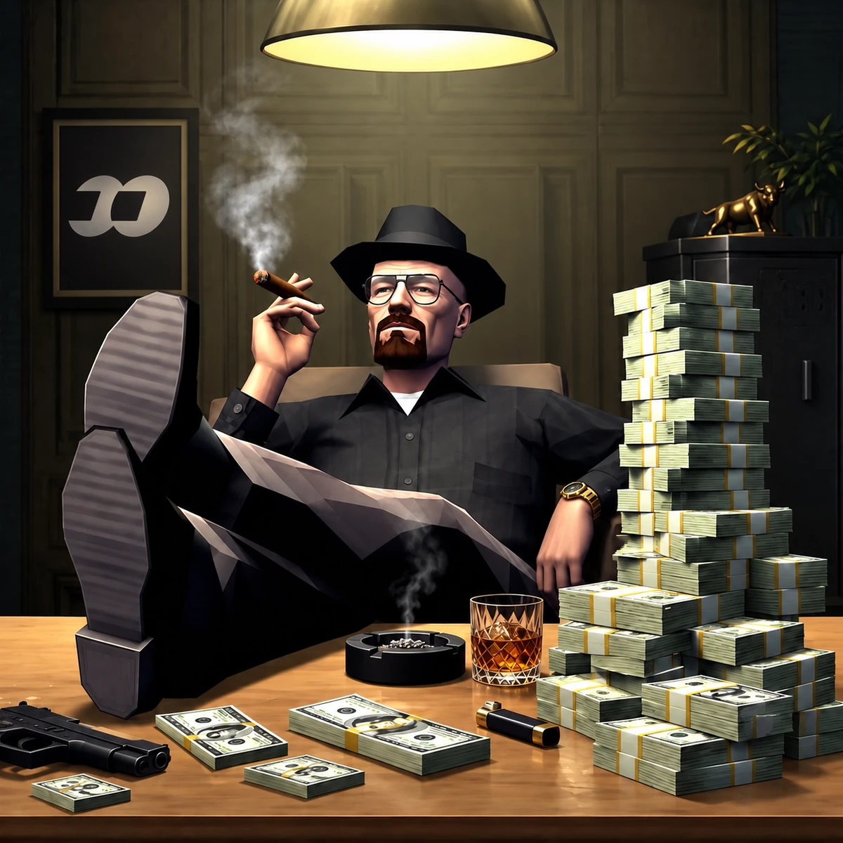 Desk scene with glass and money